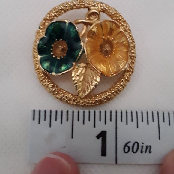 Vintage Enamel Circle Floral Pin Brooch Pendant Gold Tone - Picture 6 of 7